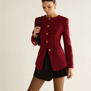 Button down slit tweed burgundy blazer